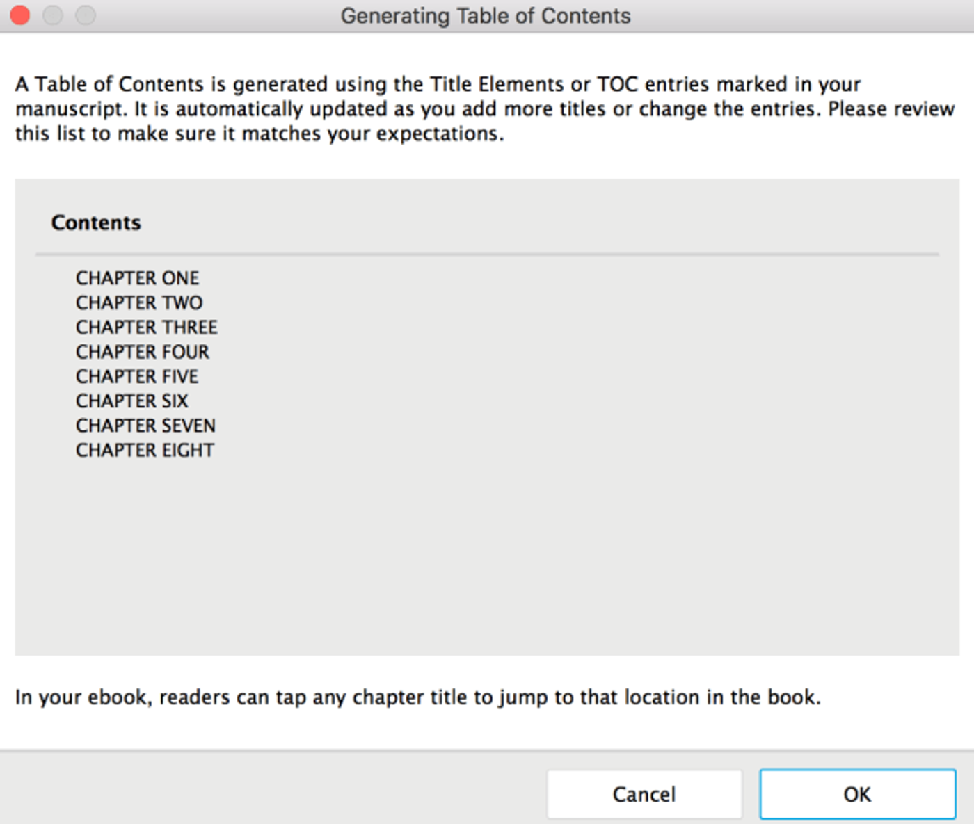 Kindle Create generating table of contents dialog