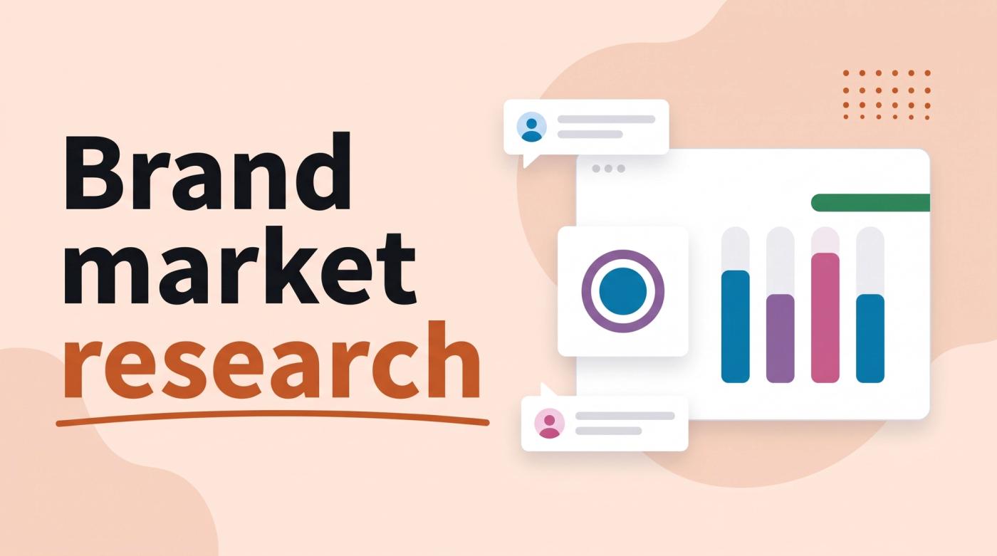 Illustrated title card reading 'Brand market research' beside a brand mark card, a bar chart and speech bubbles