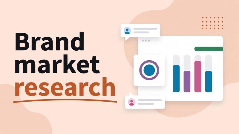 Illustrated title card reading 'Brand market research' beside a brand mark card, a bar chart and speech bubbles