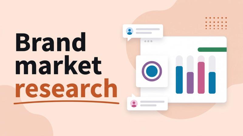 Illustrated title card reading 'Brand market research' beside a brand mark card, a bar chart and speech bubbles