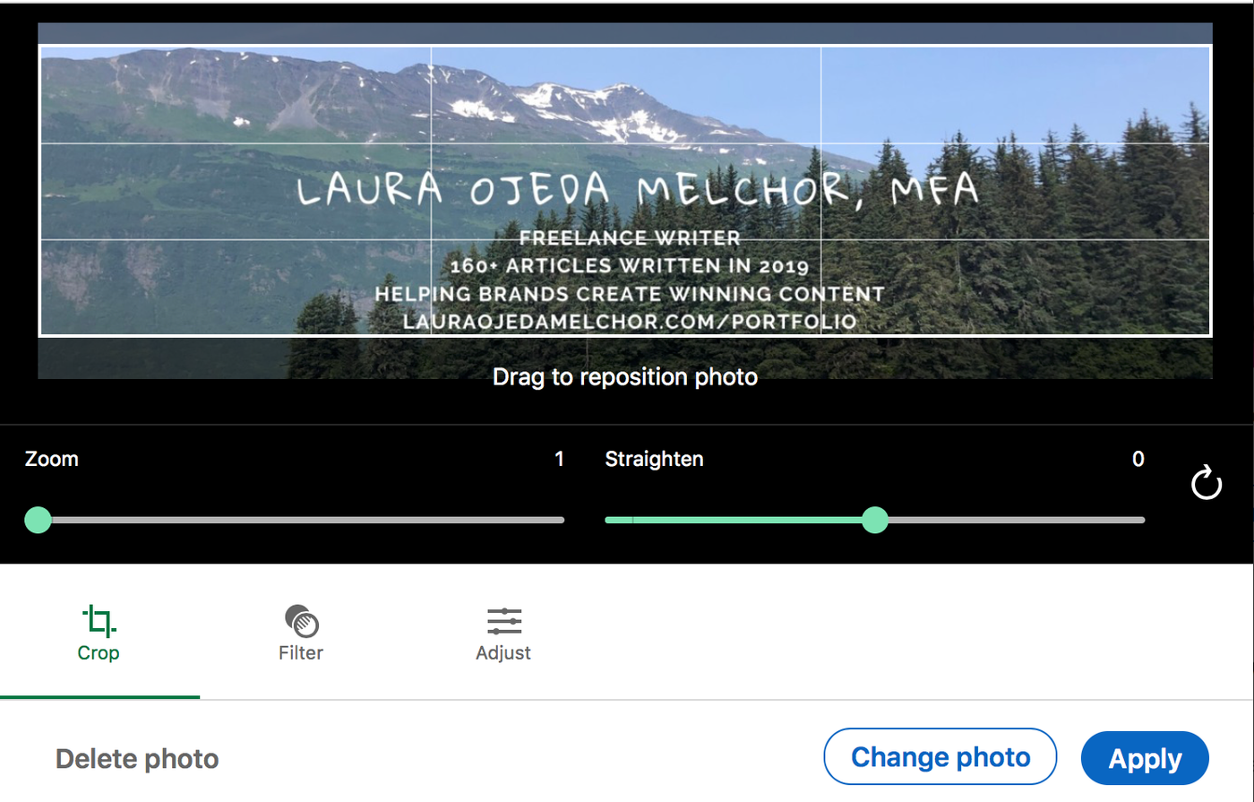 Best LinkedIn profile and cover photos: screenshot of LinkedIn's cover photo editing window.
