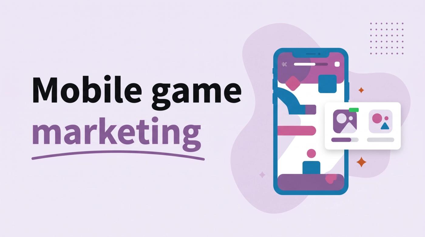 Illustrated title card reading 'Mobile game marketing' beside a phone showing a casual game and a small poll card comparing two app icons