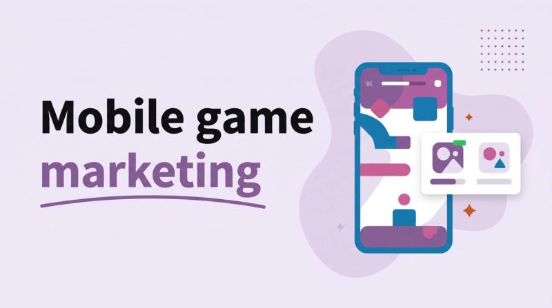 Illustrated title card reading 'Mobile game marketing' beside a phone showing a casual game and a small poll card comparing two app icons