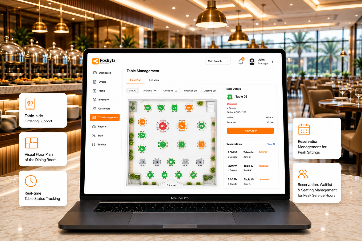 Buffet restaurant table management system with visual floor plan