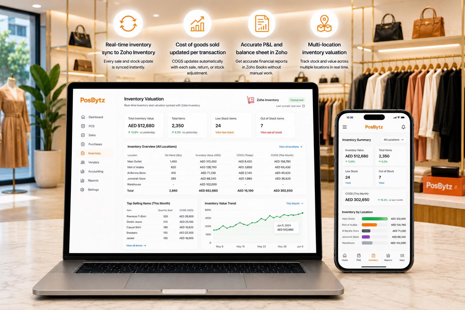 Inventory valuation and Zoho Inventory sync with real-time stock tracking, cost of goods sold updates, and accurate financial reporting