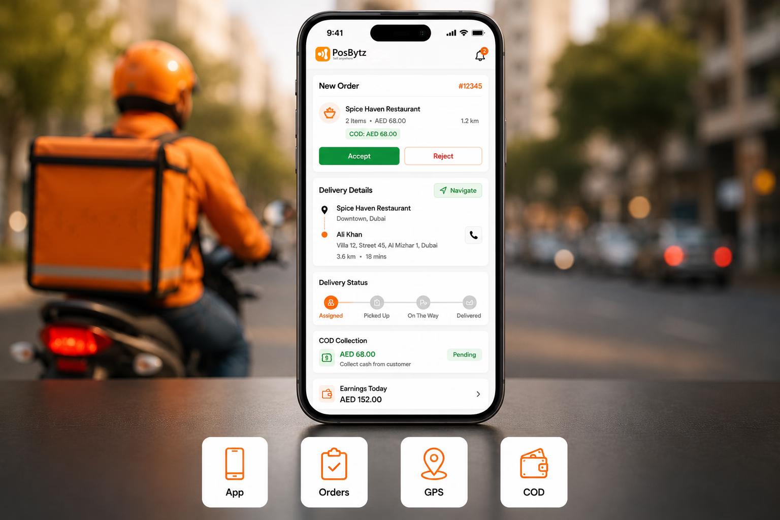 Rider app for food delivery with order assignment and GPS navigation