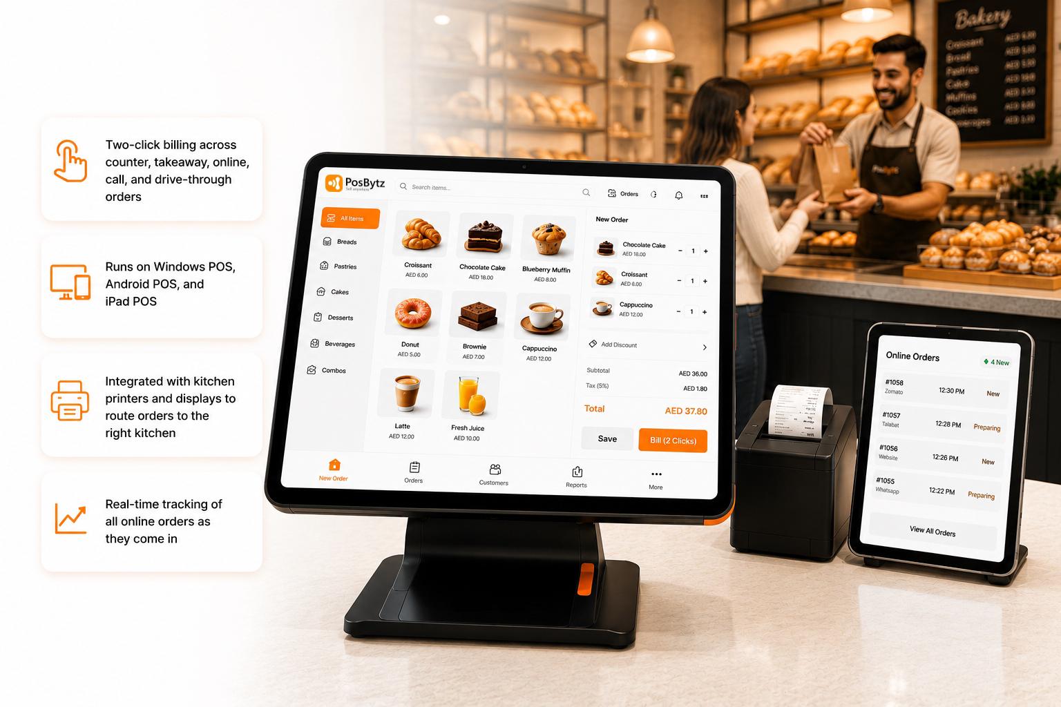 Bakery POS System with two-click billing for dine-in, takeaway, online, and call orders.