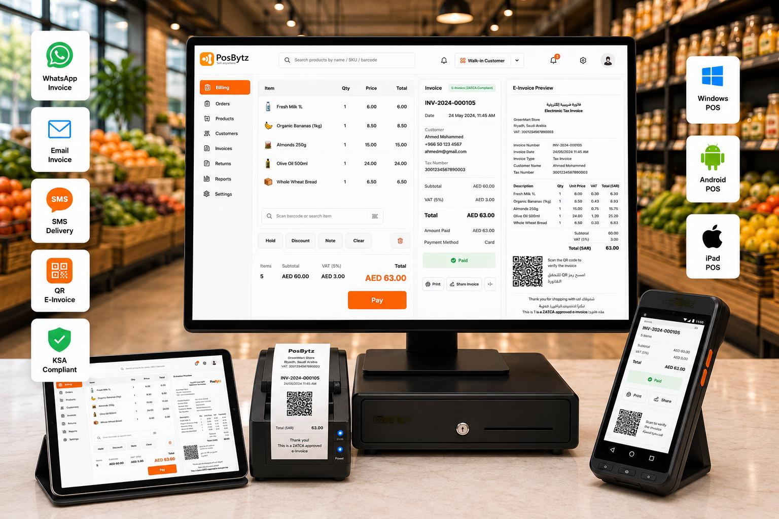 E-invoicing POS software with QR code invoices, WhatsApp sharing, and ZATCA-compliant billing