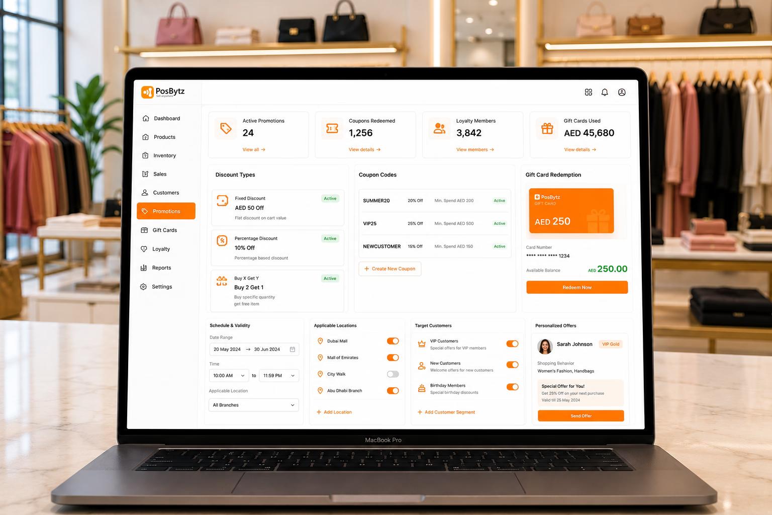 Boutique promotion management software for discounts, coupons, gift cards, and personalized offers