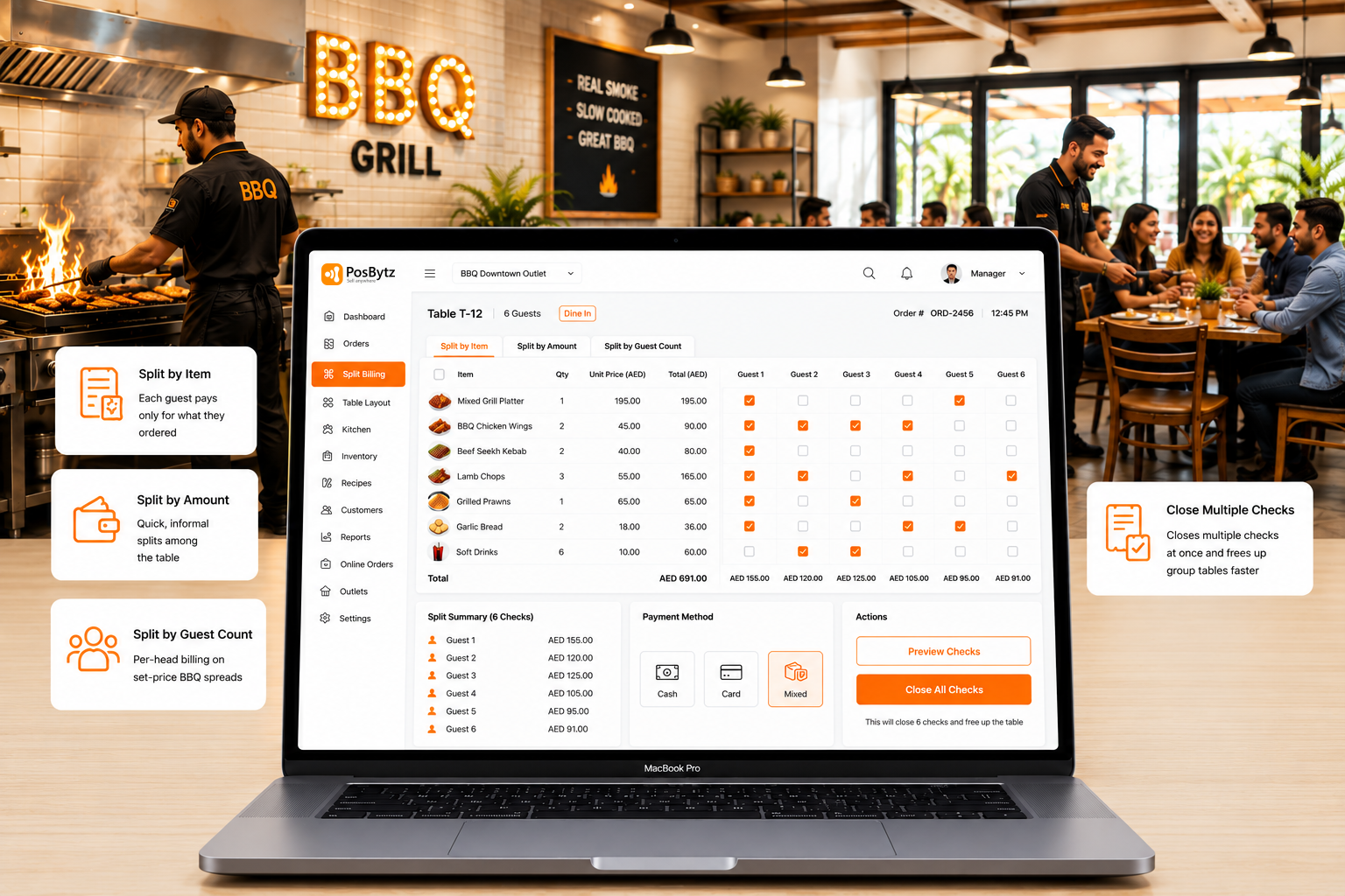 BBQ POS System for splitting group table bills by item, amount, or guest