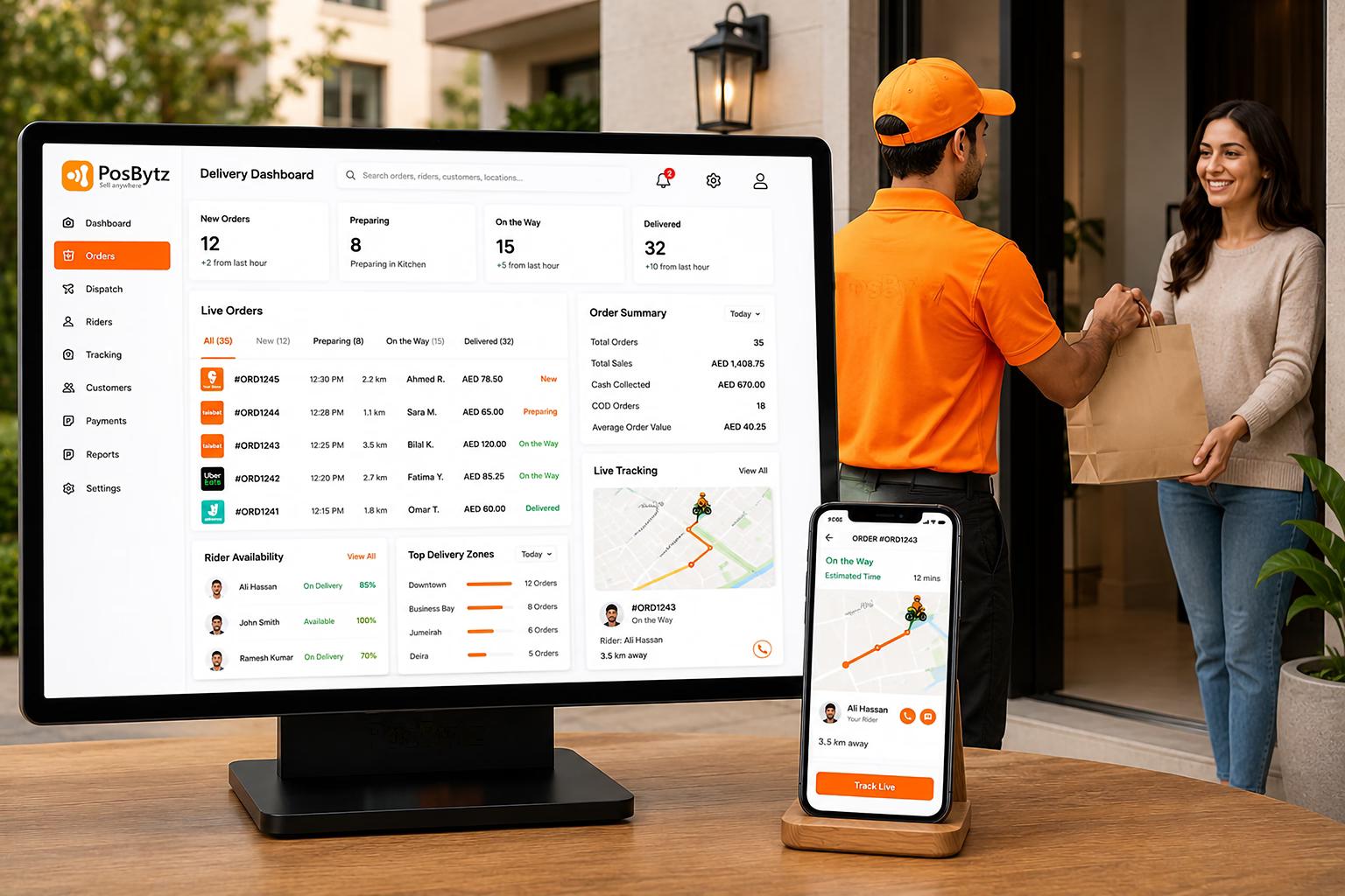 Food delivery management system with rider tracking and order dispatch