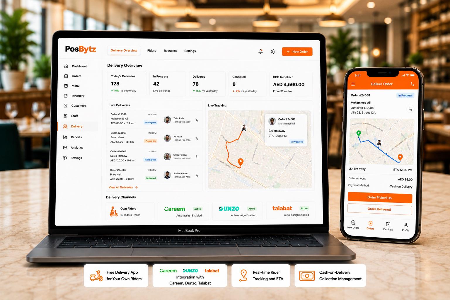 Restaurant delivery management system with rider app, third-party integrations, real-time tracking, ETA updates, and cash-on-delivery management