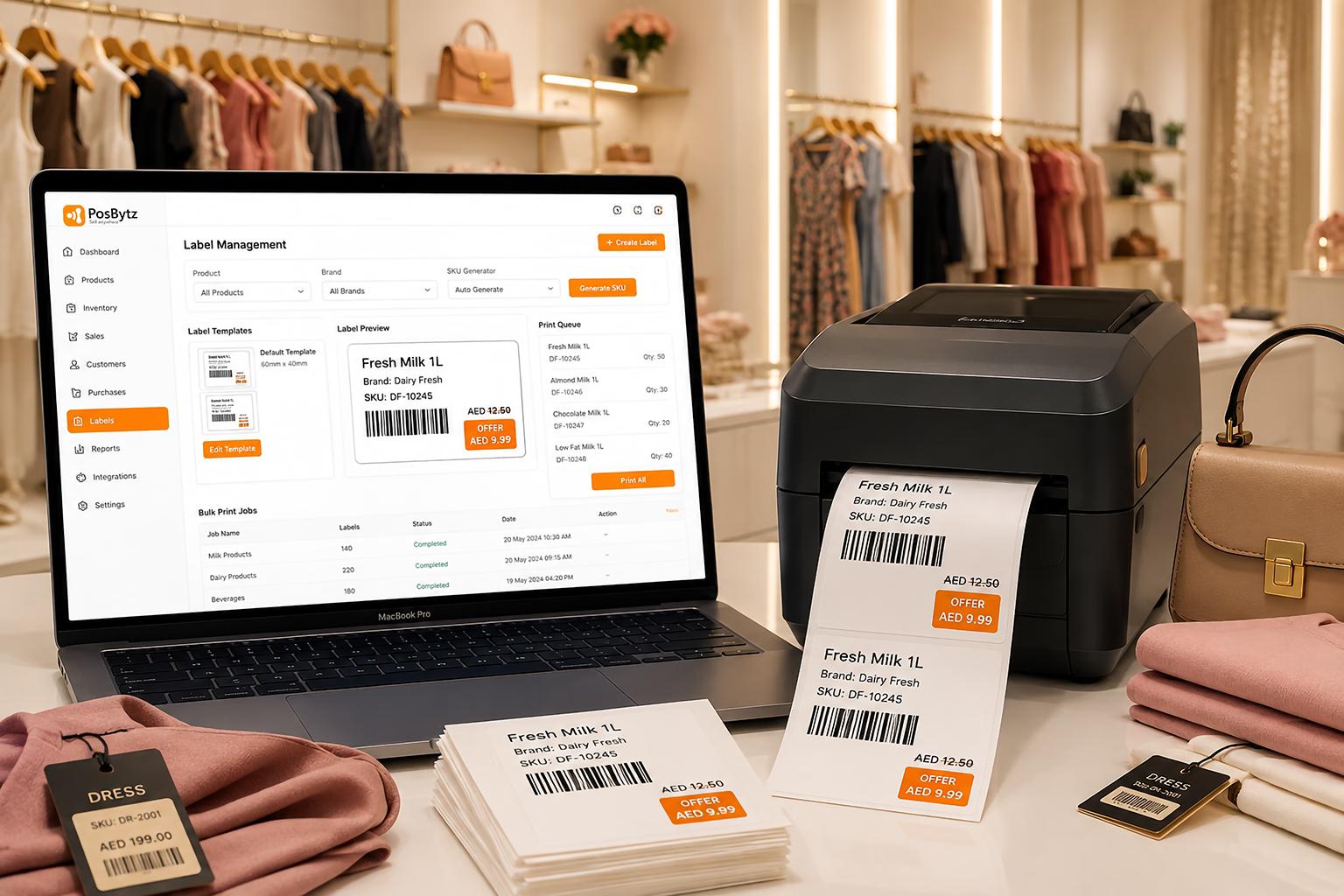 Boutique label printing software for product brands, SKUs, barcodes, and pricing