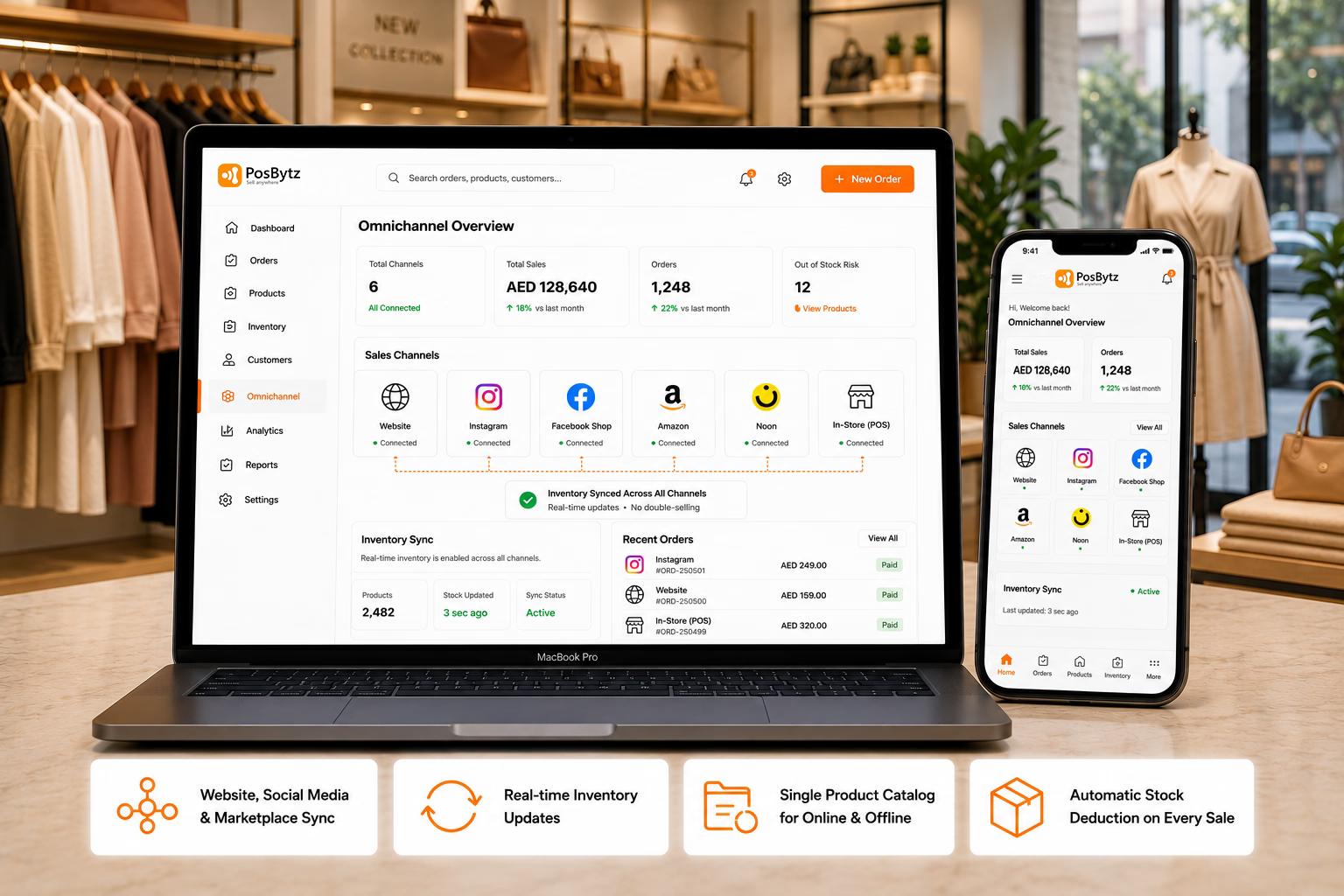 Omnichannel POS and e-commerce platform with unified inventory syncing across website, social media, marketplaces, and in-store sales channels.