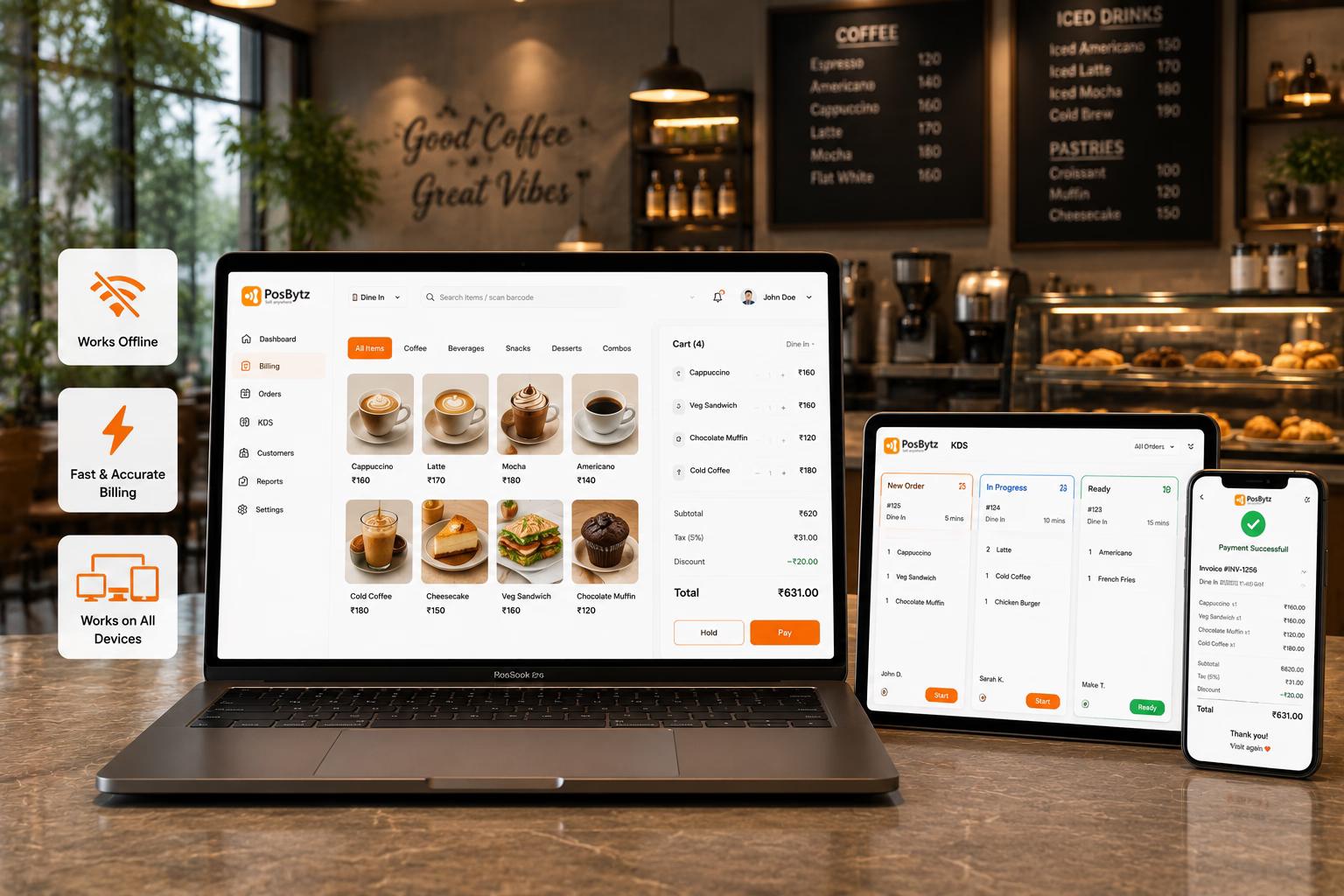 Cafe POS system for offline billing and multi-device order management