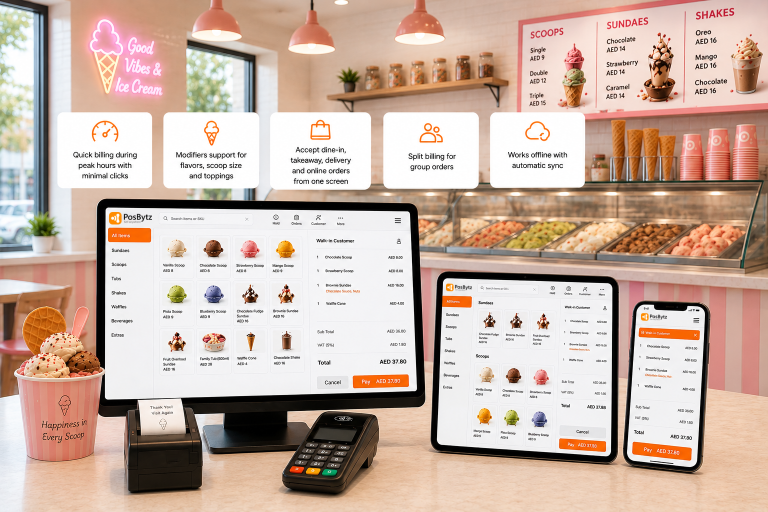 Ice Cream Shop POS System for fast billing, flavor modifiers and takeaway orders