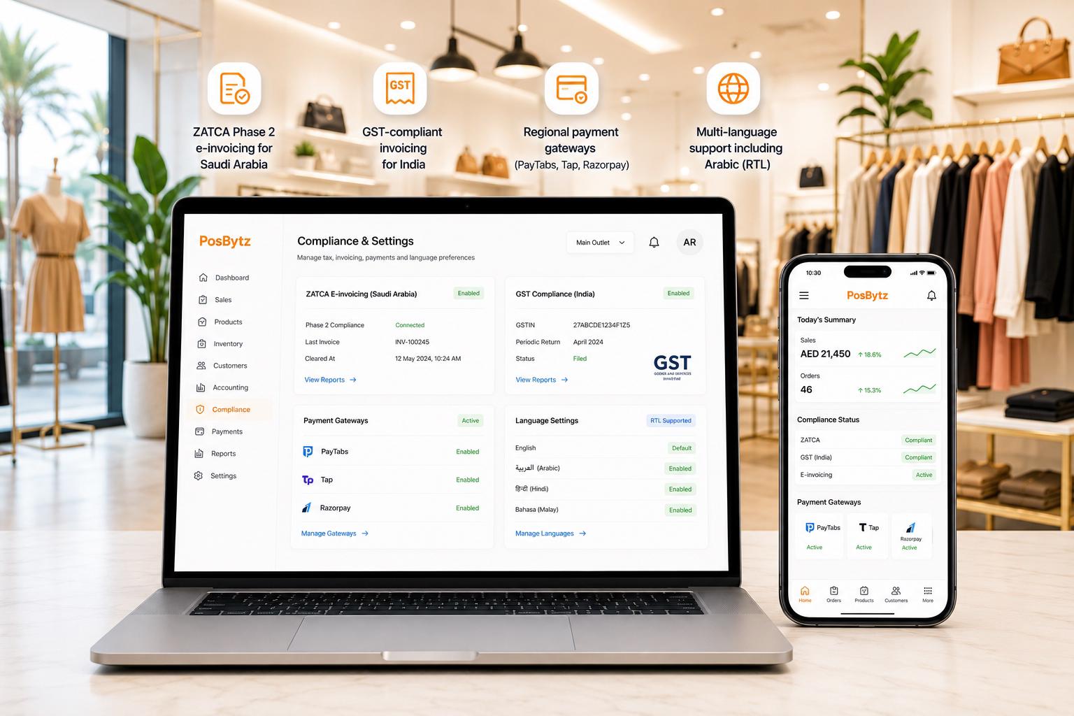 Regional compliance software with ZATCA e-invoicing, GST billing, and local payment integrations