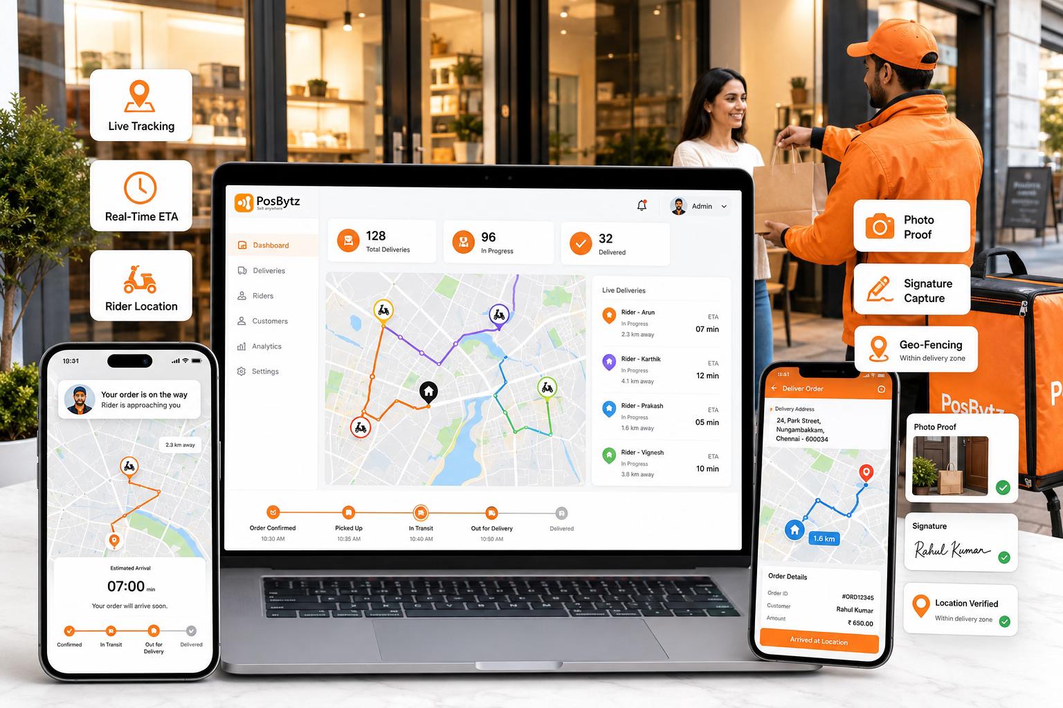 Live delivery tracking with real-time rider location, ETA updates, proof of delivery, and geo-fencing
