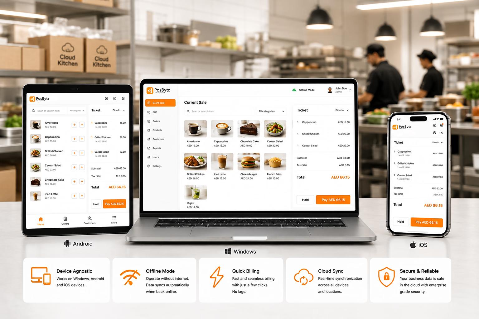 Cloud POS software running on multiple devices with offline billing and real-time data synchronization.