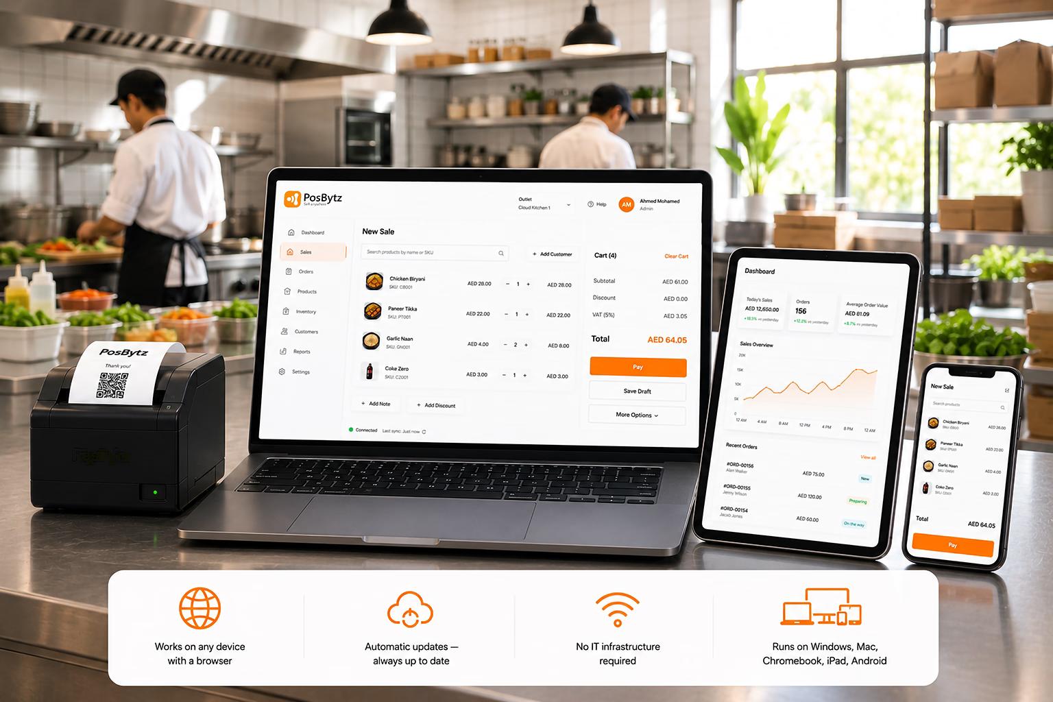 Cloud-based POS system accessible from laptop, tablet, and mobile browser.
