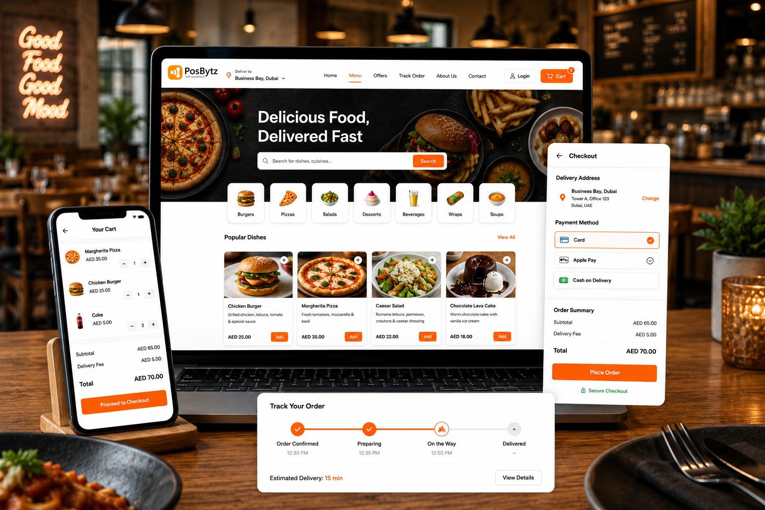 Online food ordering dashboard with menu, checkout, and order status tracking