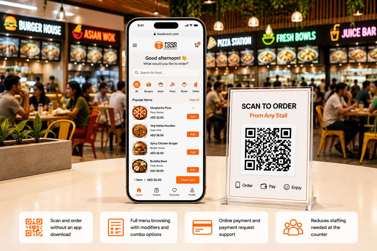 QR code ordering system for customers across food court stalls