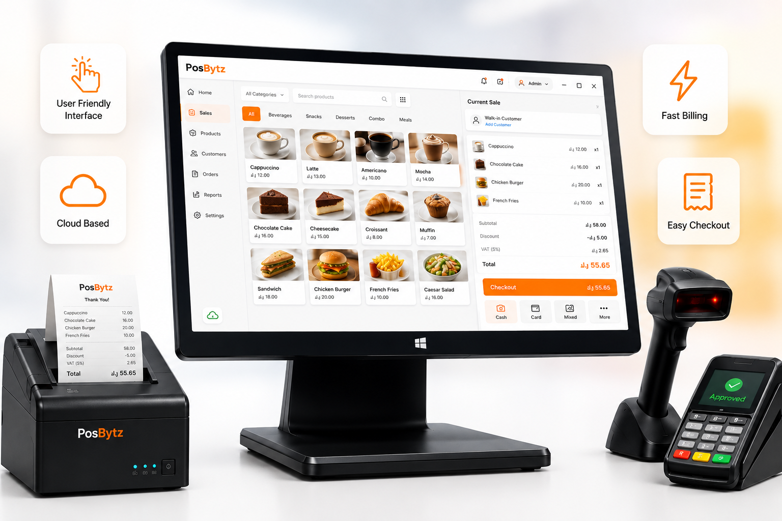 Windows POS system with user-friendly interface, fast billing, and cloud-based management.