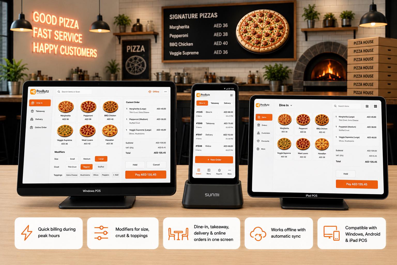 Pizza POS System for billing custom pizzas with size, crust, and topping modifiers.