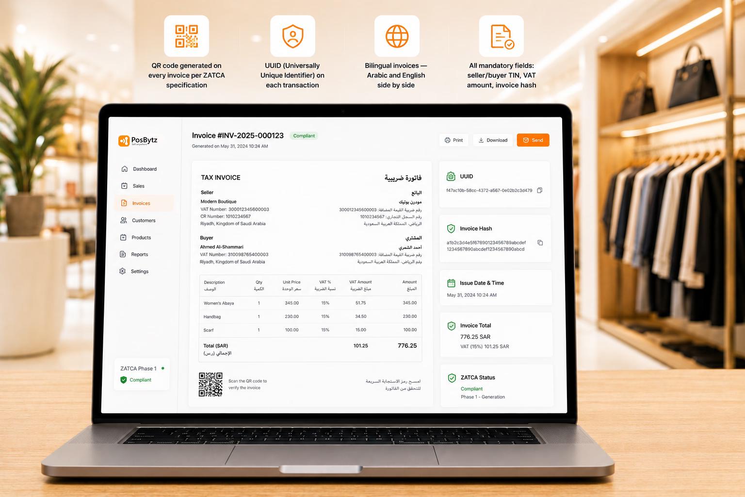 ZATCA Phase 1 e-invoicing software with QR codes, UUID generation, bilingual invoices, and automated compliance