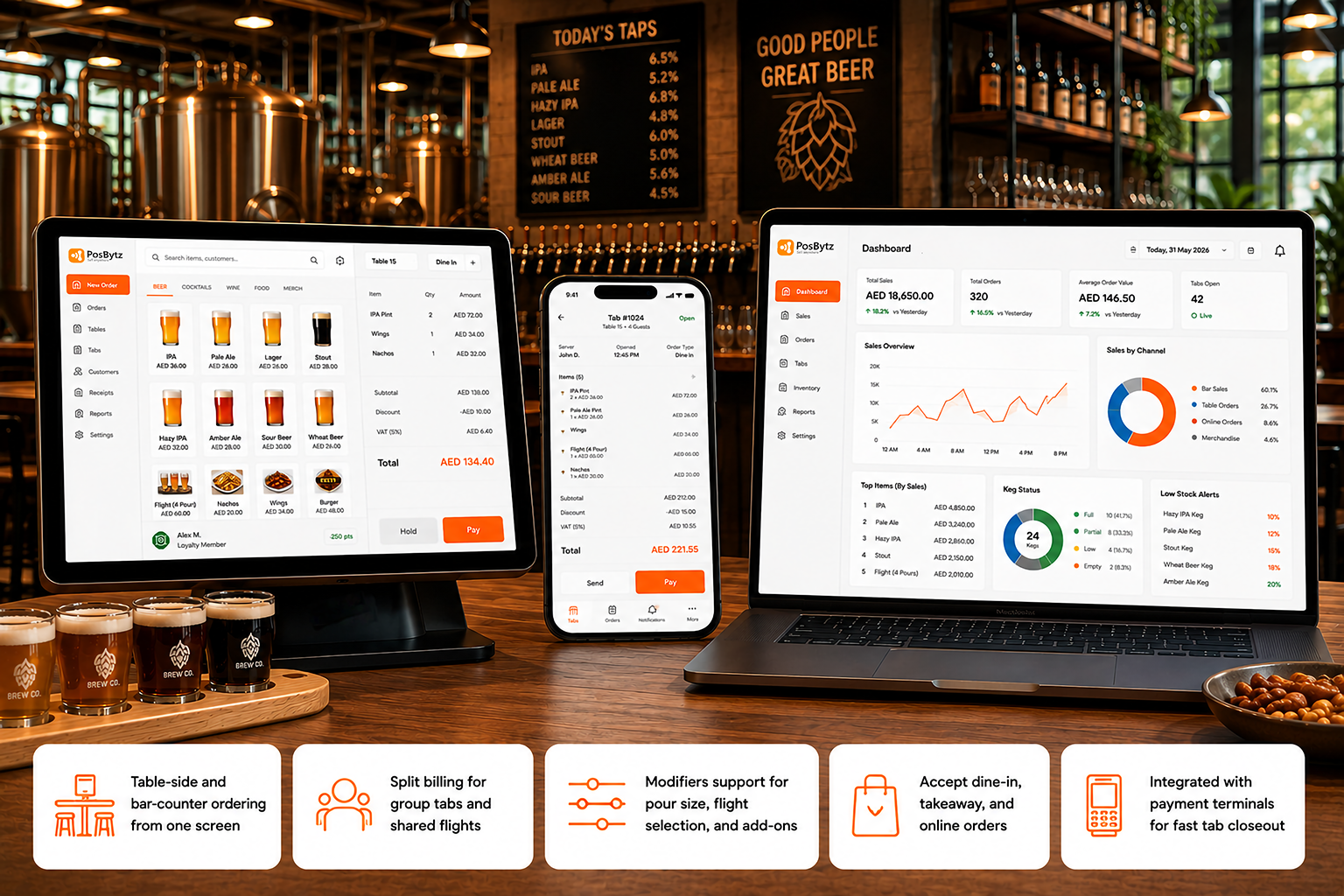 نظام نقاط البيع لمصانع الجعة لإدارة فواتير البار وطاولات الفناء وطلبات الطعام