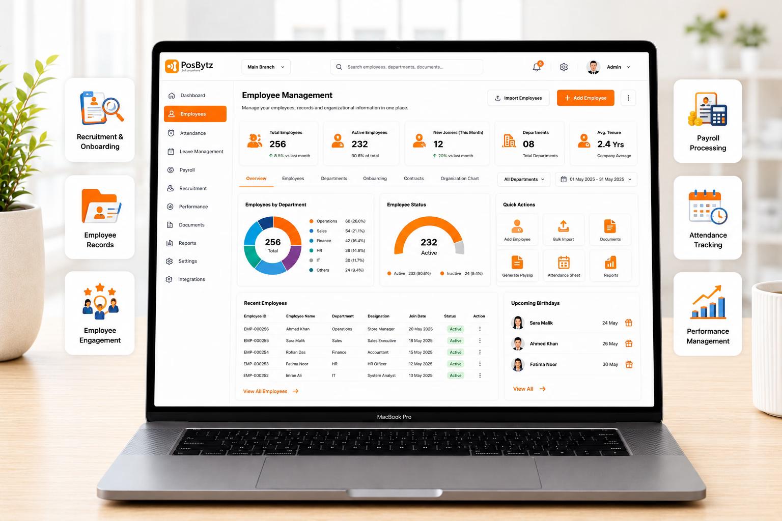 Employee management system for HR & payroll ERP covering recruitment, onboarding, employee records, and engagement lifecycle
