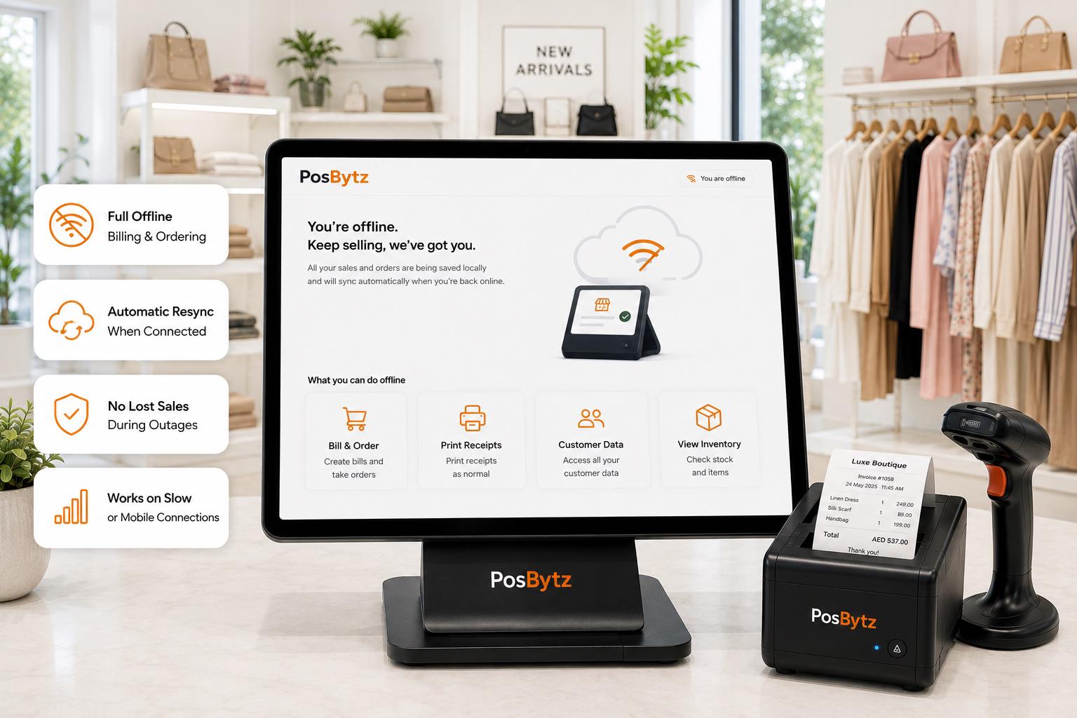 POS system operating in offline mode with automatic synchronization when internet connection is restored.