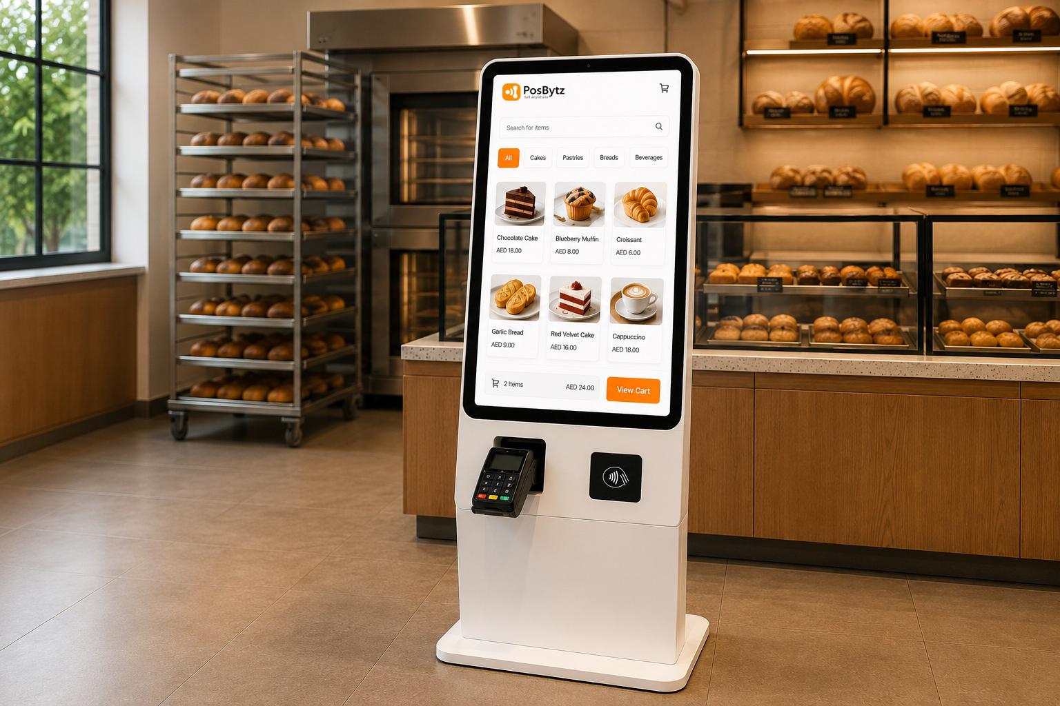 Bakery POS System enabling self-service ordering and payments through a digital kiosk