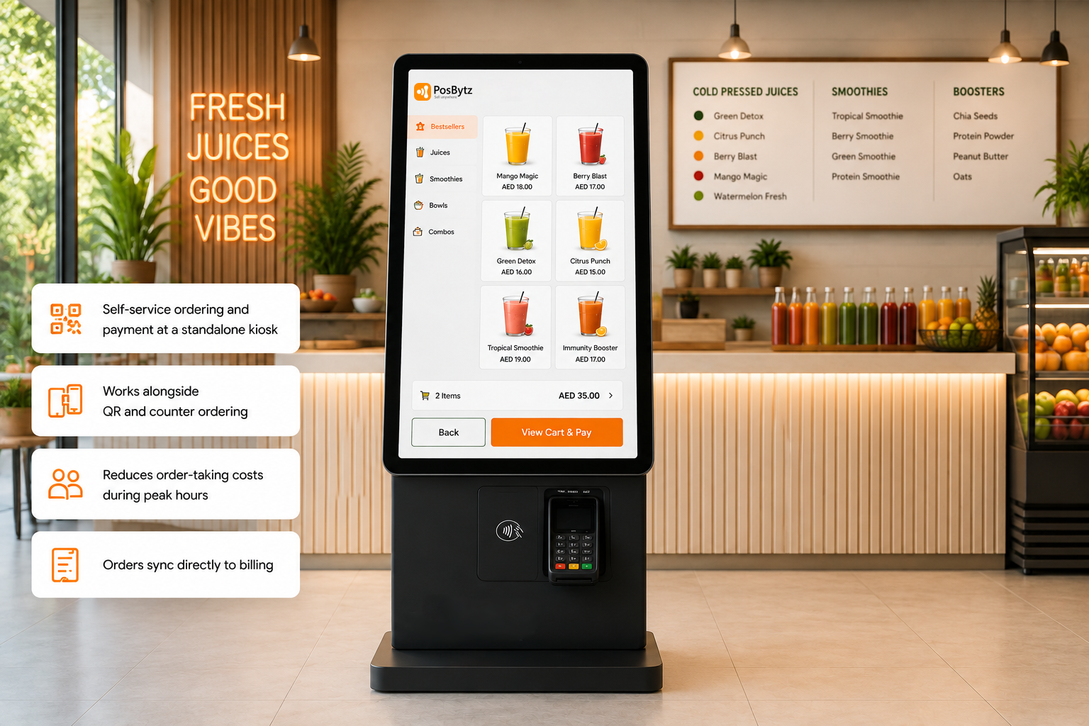 Self-ordering kiosk for juice shops with customized drinks and integrated POS payments