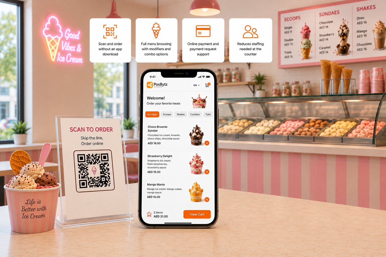 Ice Cream Shop POS QR code ordering for ice cream menu and customized orders