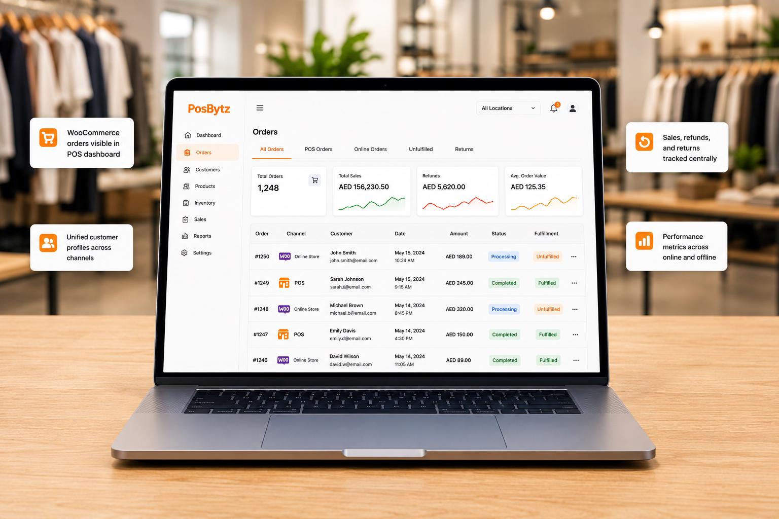 Order & Customer Sync All orders and customers in one view WooCommerce orders flow into your POS dashboard for fulfillment. Customer profiles merge across online and in-store purchases for a unified view. WooCommerce orders visible in POS dashboard Unified customer profiles across channels Sales, refunds, and returns tracked centrally Performance metrics across online and offline