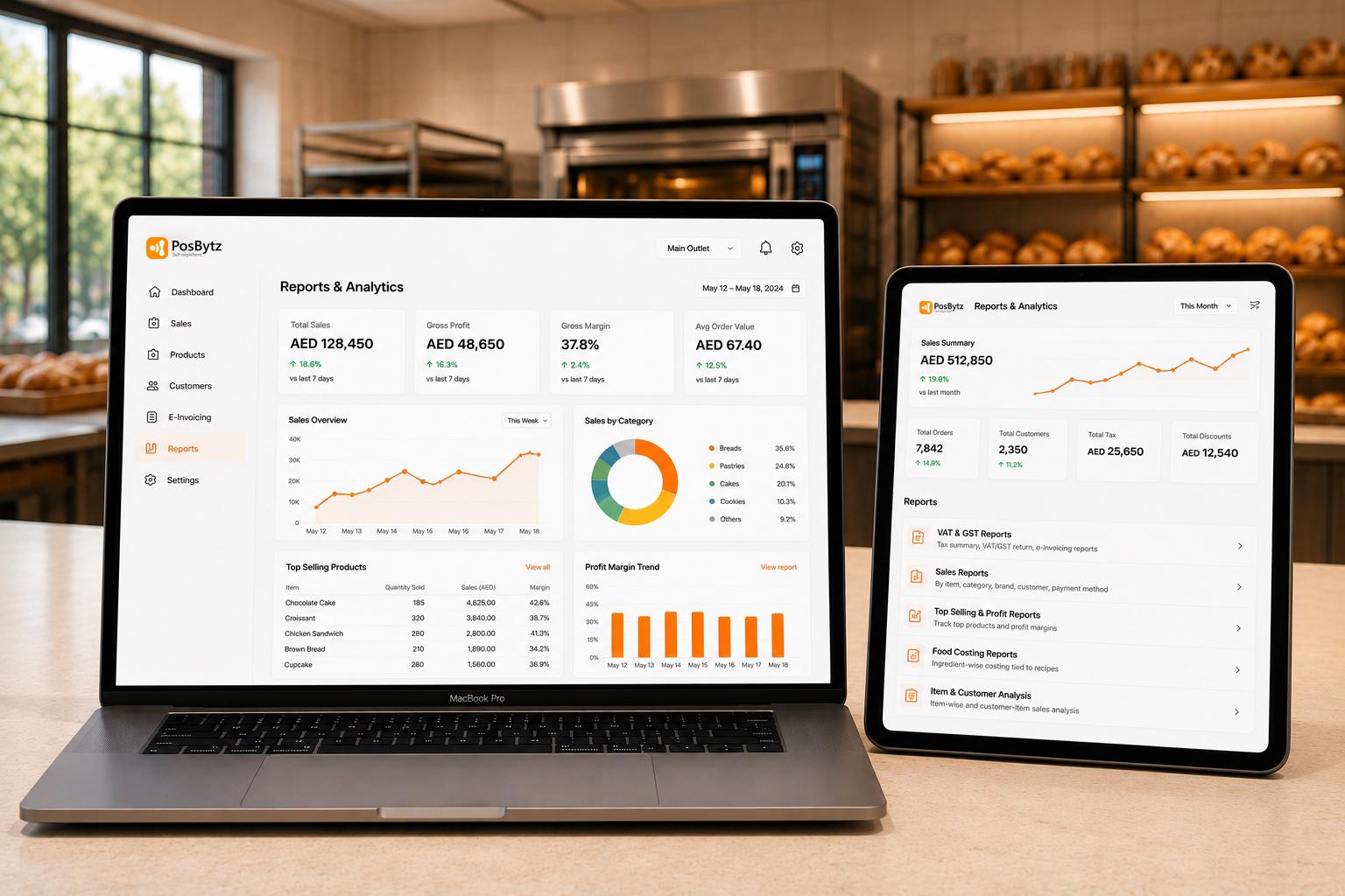 bakery ERP software providing item-wise sales and profit margin analysis