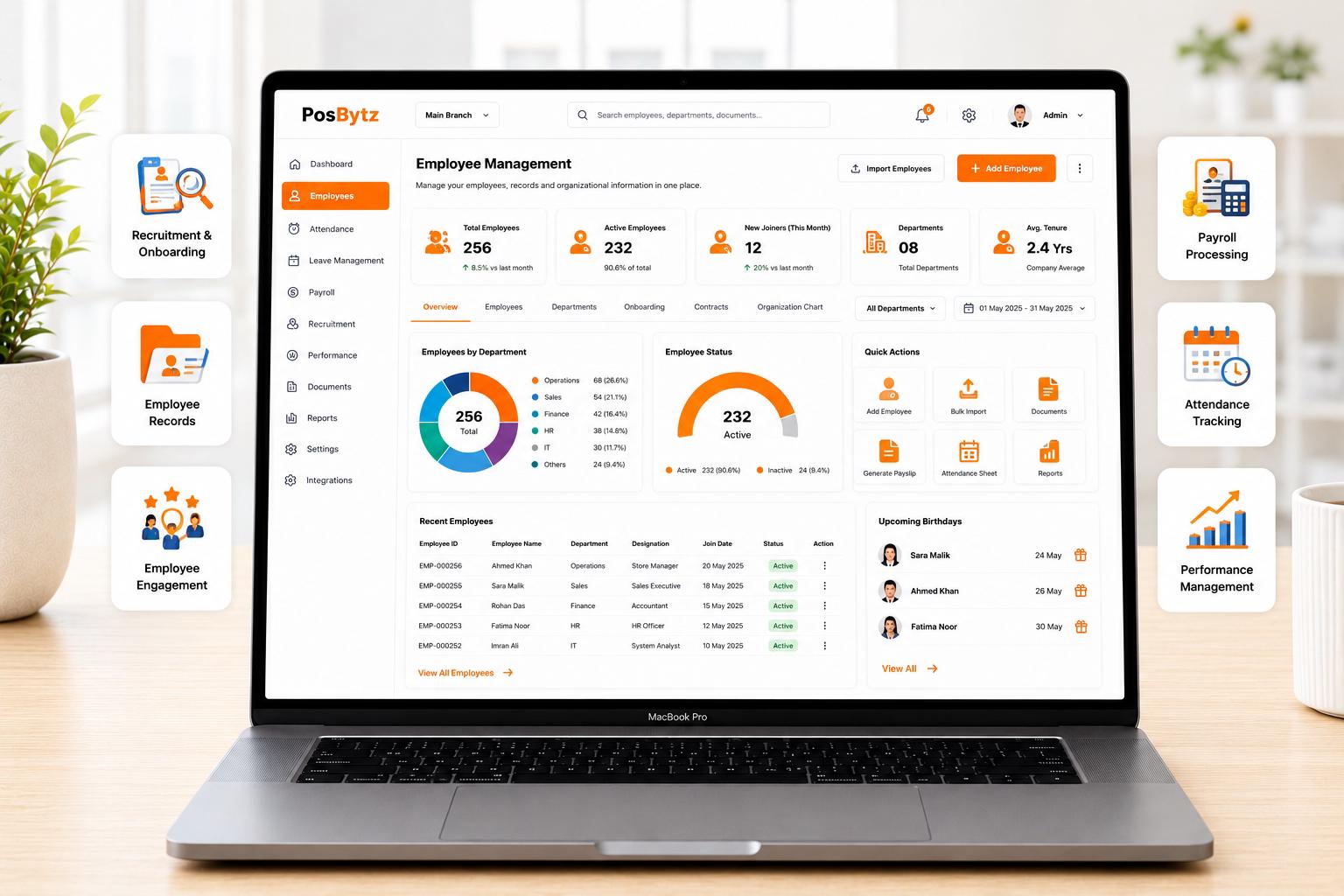 Employee management system for HR & payroll ERP covering recruitment, onboarding, employee records, and engagement lifecycle