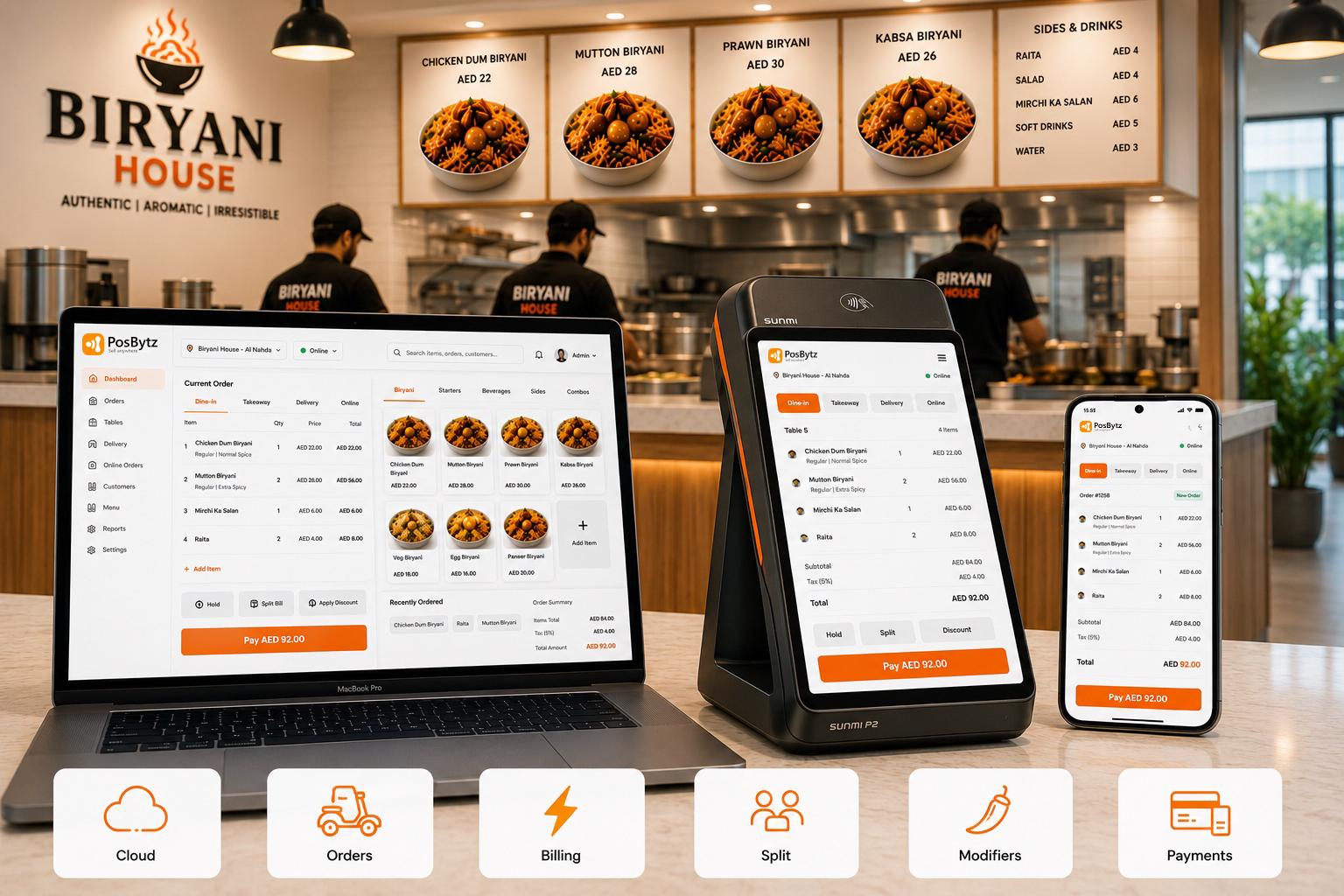 Biryani POS system with cloud billing for dine-in, takeaway and online orders