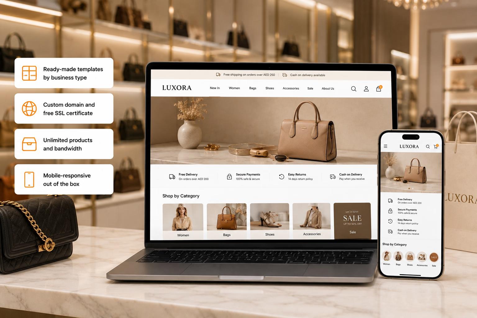 E-commerce store builder interface showing template selection, product setup, and online store configuration tools.