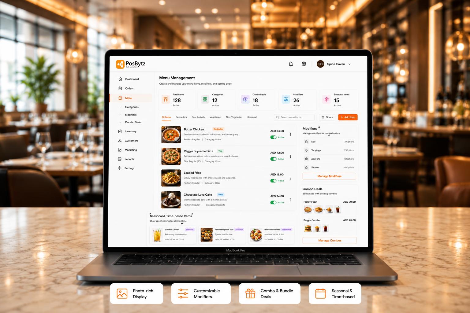 Digital restaurant menu with customizable food items and modifiers