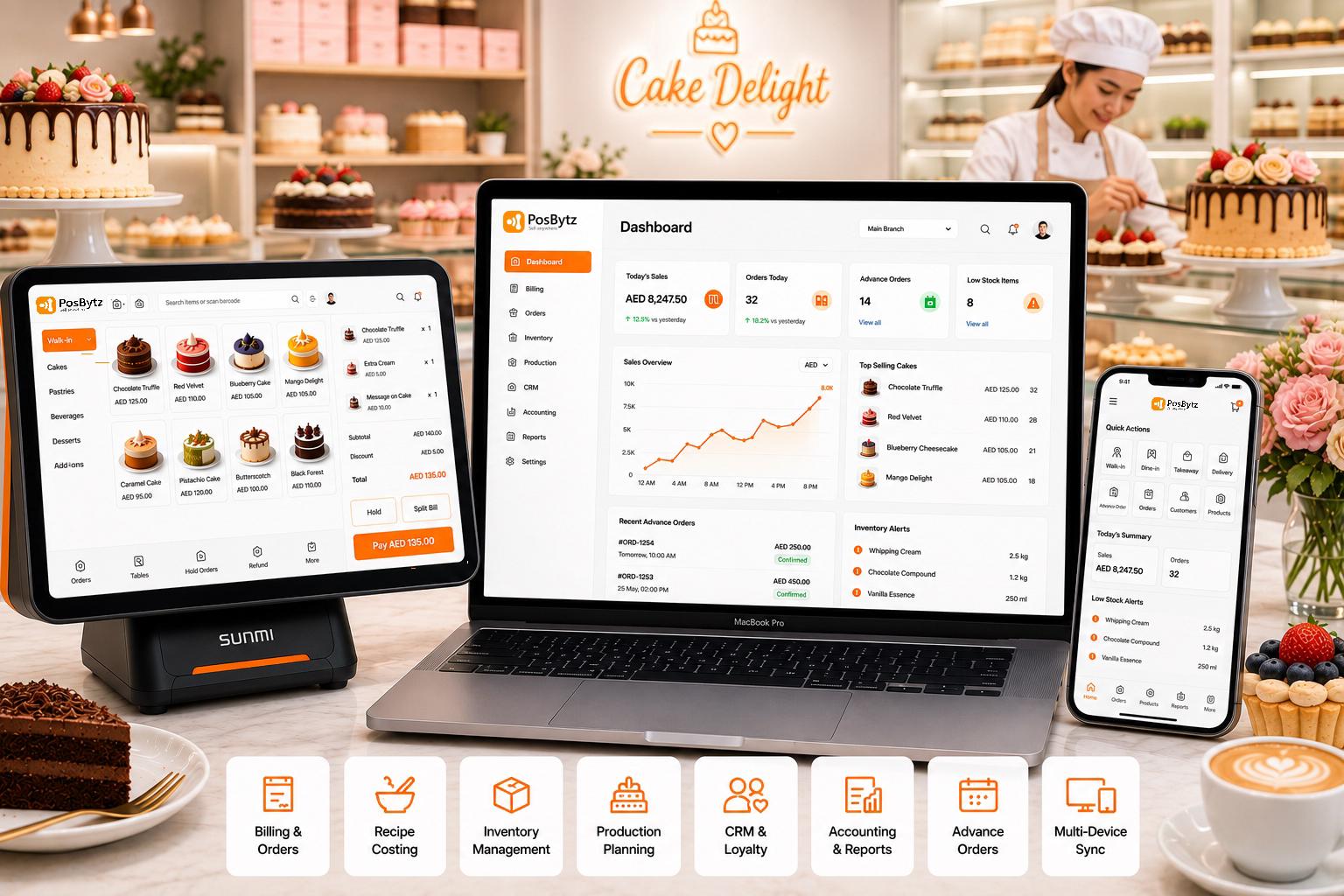 لوحة تحكم نظام نقاط البيع لمحلات الحلويات، تُستخدم لإدارة الفواتير والطلبات المسبقة والمخزون وتكاليف الوصفات.
