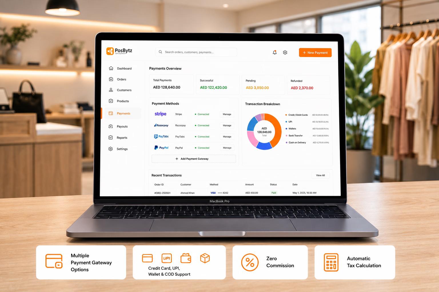 Online payment system with multi-gateway support including Stripe, Razorpay, PayTabs, and regional payment processors.