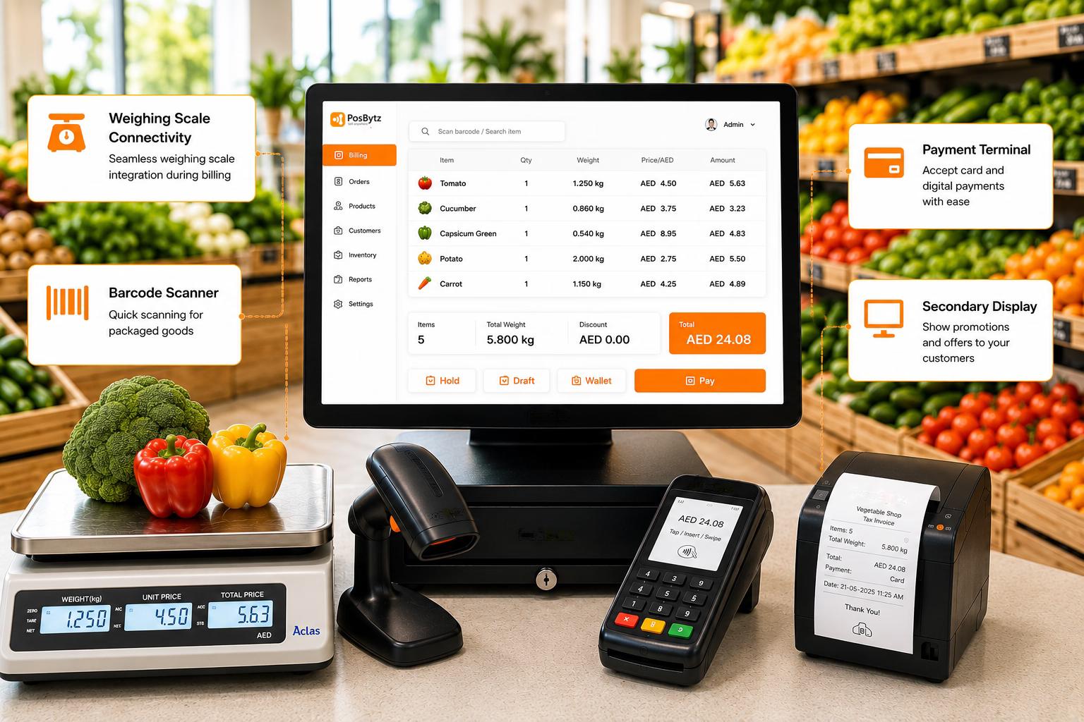 Fruit and vegetable billing software with weighing scale and barcode scanner integration