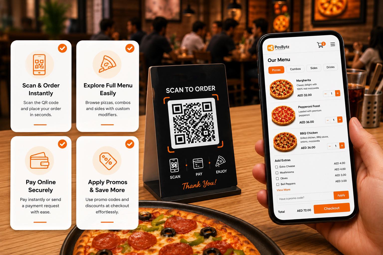 QR code ordering for pizza shops with menu browsing, topping customization, and online payment.