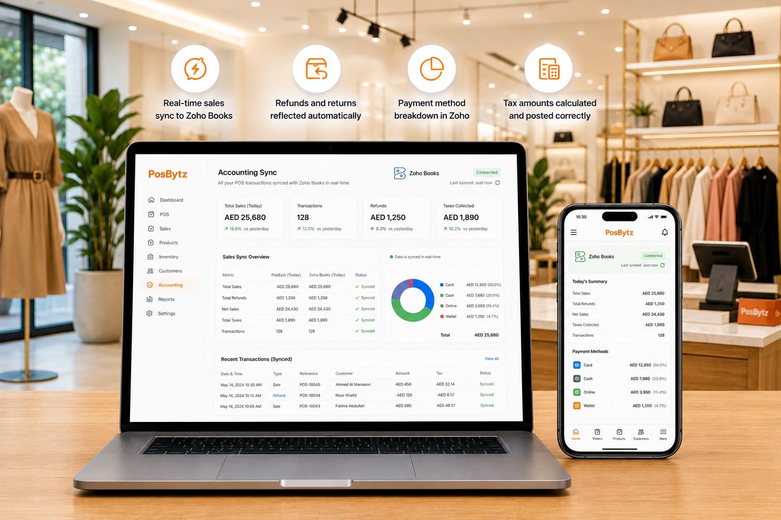 Zoho Books accounting sync with automatic sales posting, refunds, tax calculations, and payment reconciliation