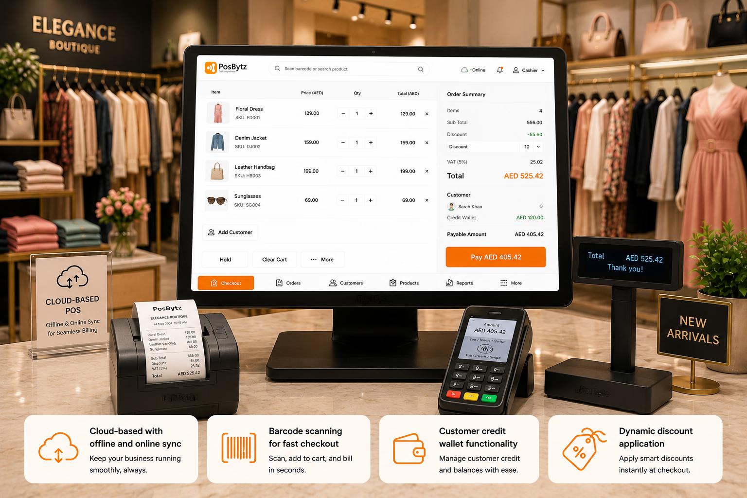 Boutique POS software with barcode scanning, offline billing, and customer credit wallet