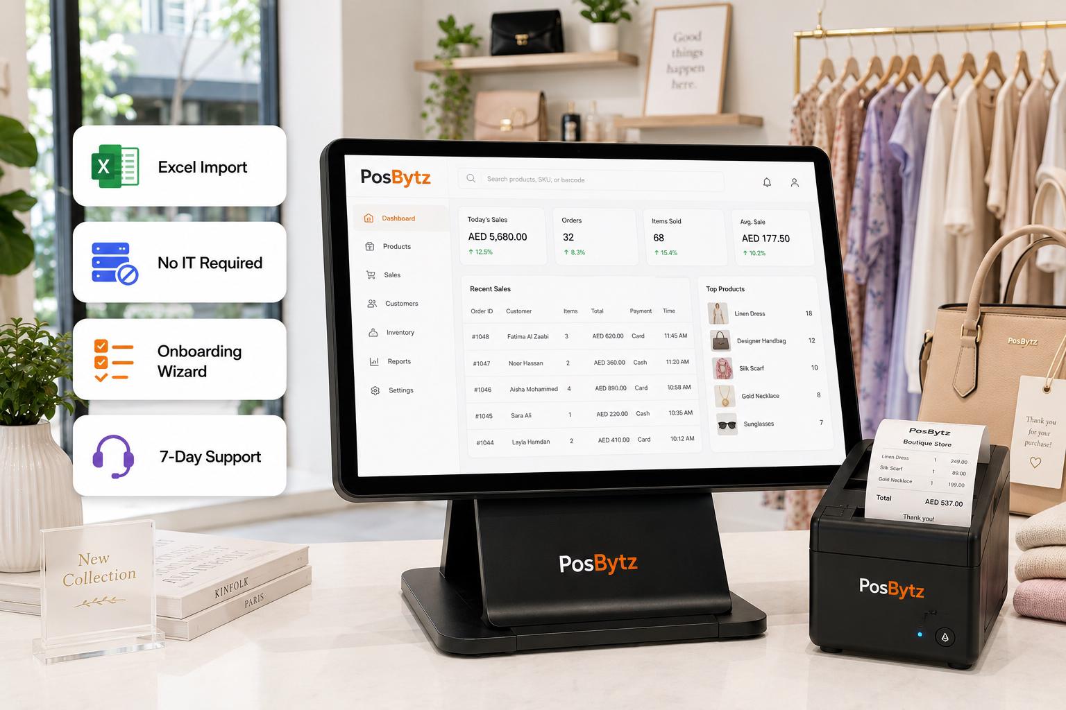 Small business POS setup screen showing Excel import, printer configuration, and step-by-step onboarding wizard.