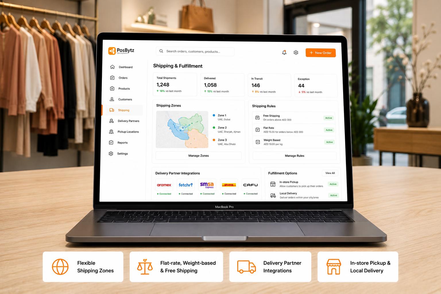 E-commerce shipping and fulfillment system with delivery management, shipping zones, flat-rate and weight-based pricing, and delivery partner integrations.