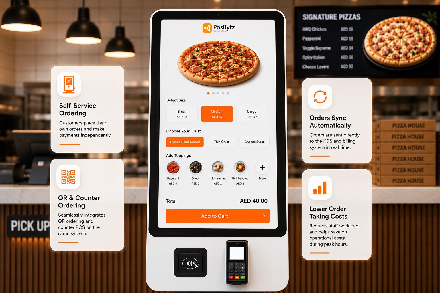 Pizza POS System self-service kiosk for ordering custom pizzas and completing digital payments.
